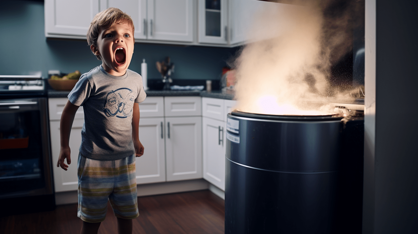 A frightened boy in front of a burning tin in the kitchen (Generated By AI)