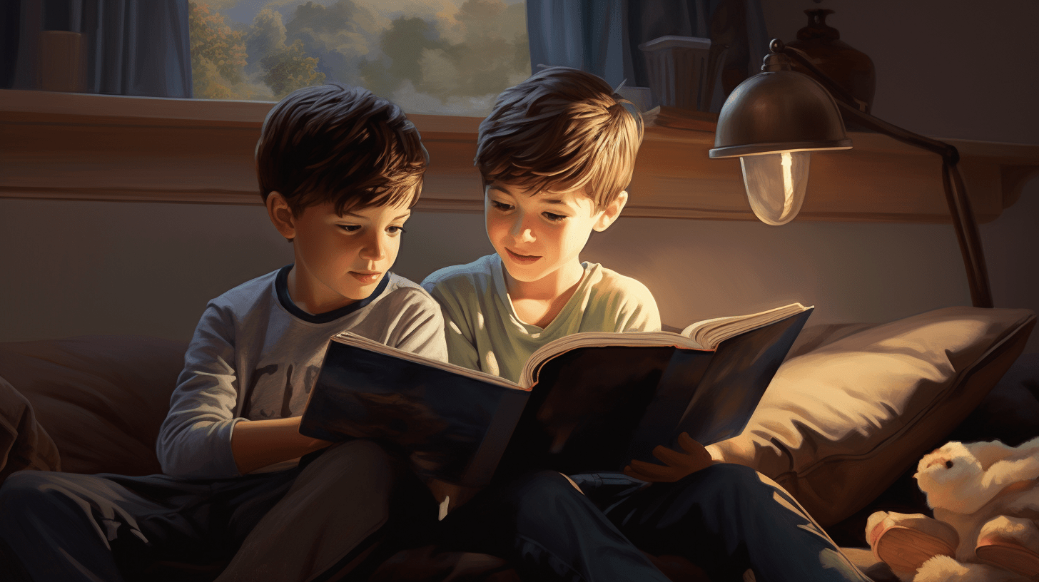 שני נערים צעירים קוראים יחד ספרים